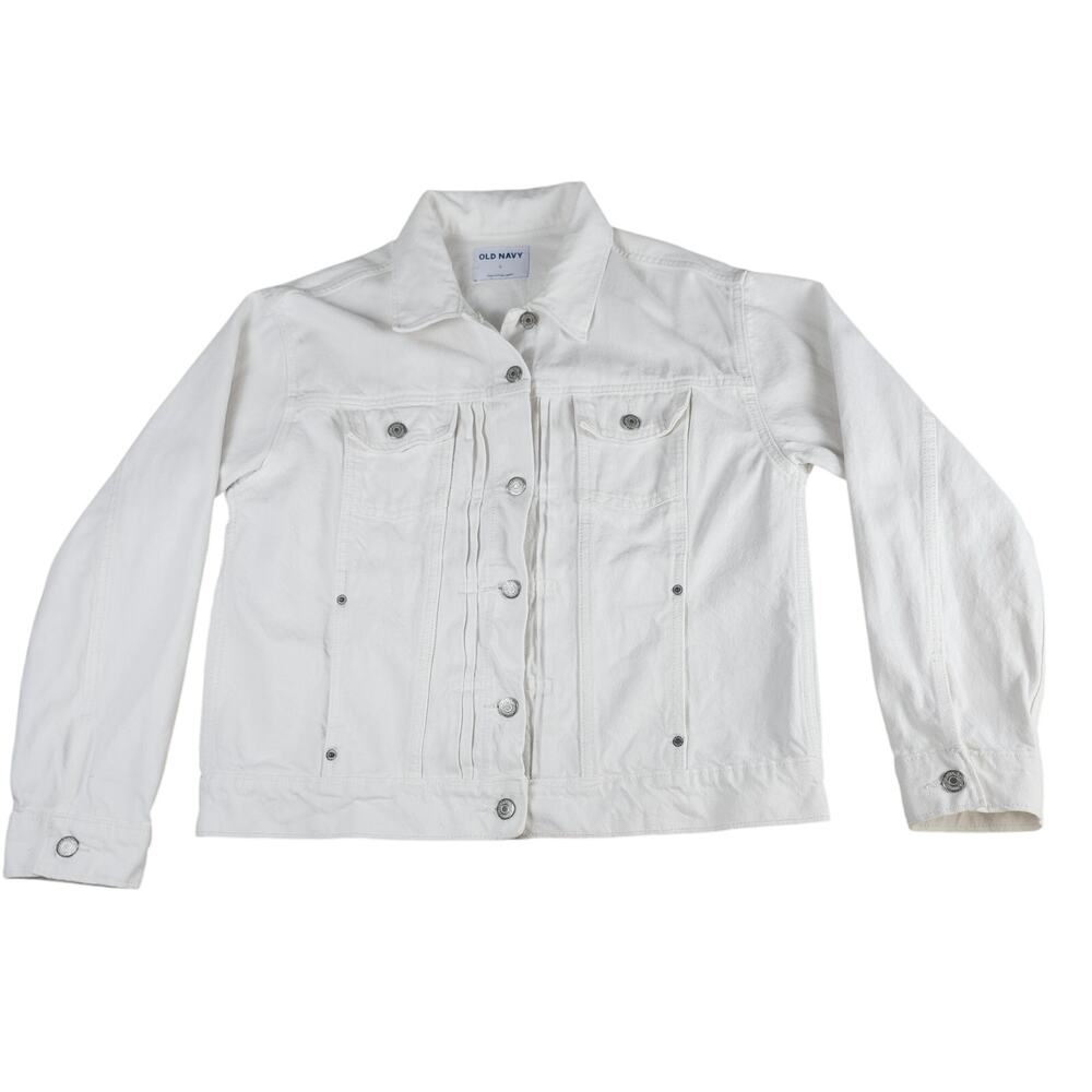 Old Navy Jean Jacket Womens L White Pintuck Pleated Classic Western Cottagecore
